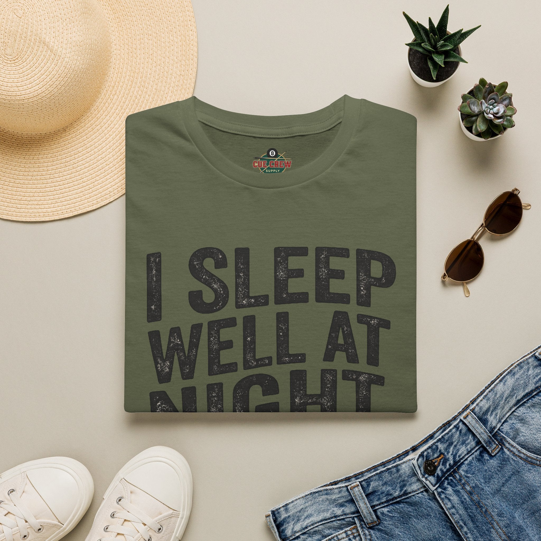 I Sleep Well at Night Funny Billiards T-Shirt – Pool Player 8 Ball Graphic Tee