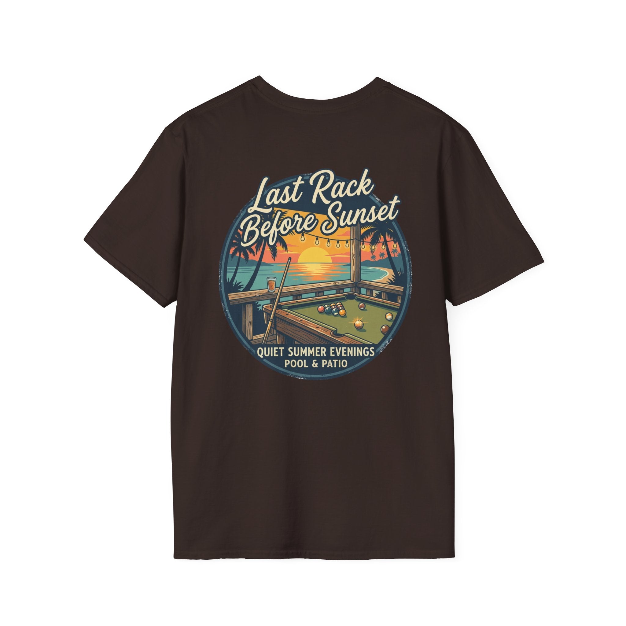 Last Rack Before Sunset Billiards T-Shirt | Tropical Pool Hall Sunset Graphic Tee | Beach Vibes Pool Player Shirt