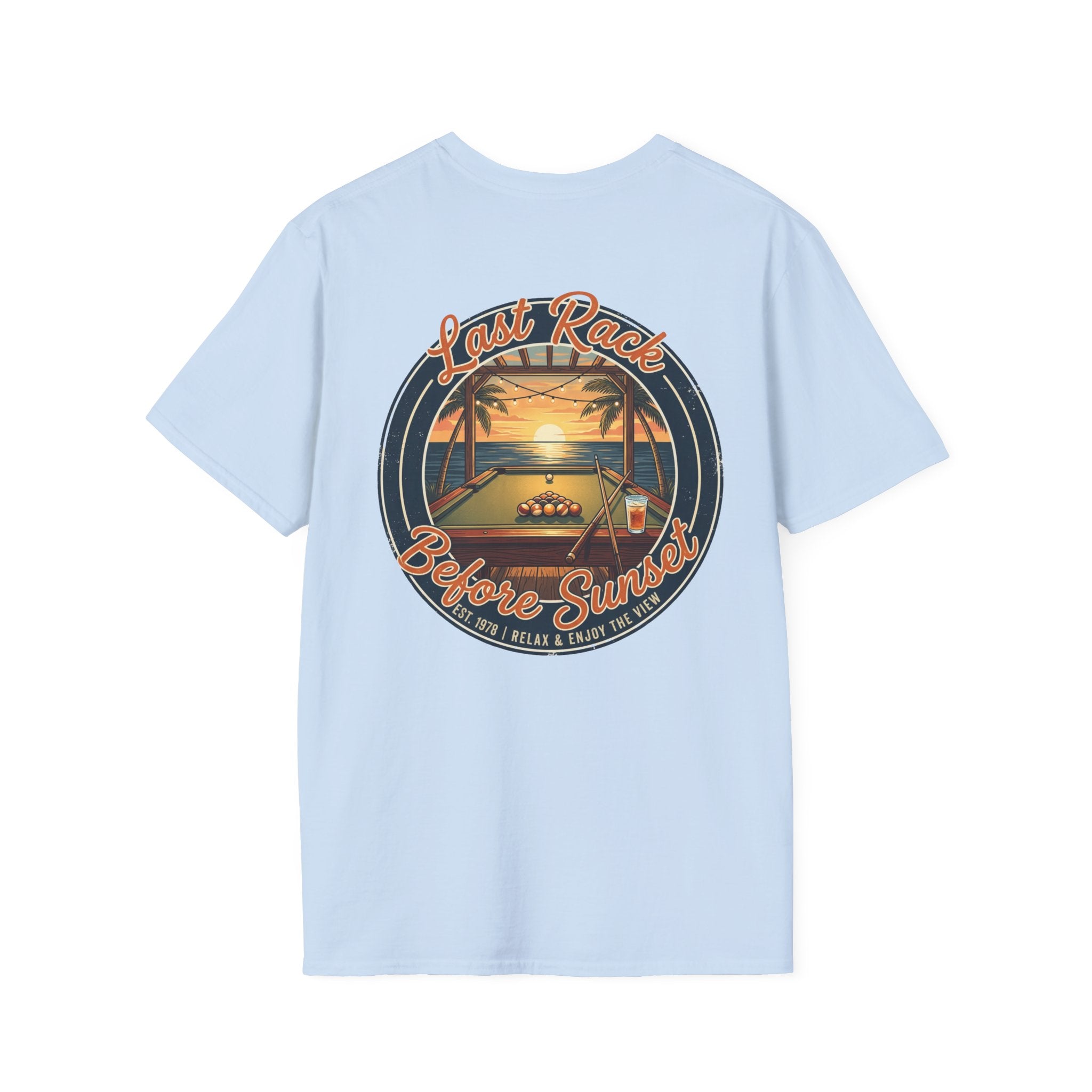 Last Rack Before Sunset Billiards T-Shirt | Tropical Pool Player Beach Graphic Tee | Front & Back Print