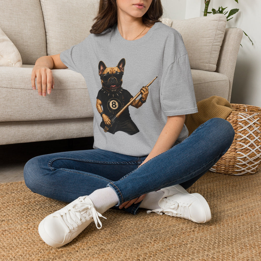 Rockin' French Bulldog Playing Cue Guitar Funny Billiards T-Shirt | Pool Dog Graphic Front Print Unisex Tee