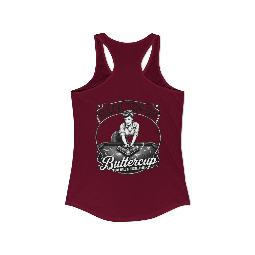 Rack 'Em Up Buttercup Women's Racerback Tank Top | Vintage Pool Hall Billiards Graphic Tank | Cue Crew Supply