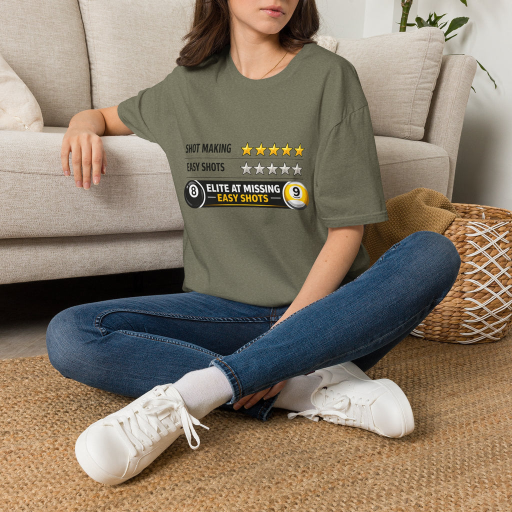 Elite At Missing Easy Shots Funny Billiards T-Shirt | 8 Ball & 9 Ball Graphic Unisex Tee | Front Print Only
