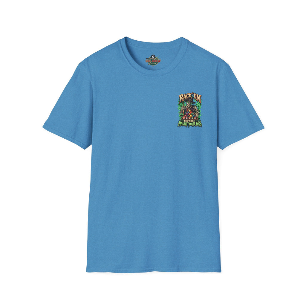 Rack ’Em Before I Haunt Your Ass – Halloween Billiards T-Shirt – Skeleton Pool Player Tee
