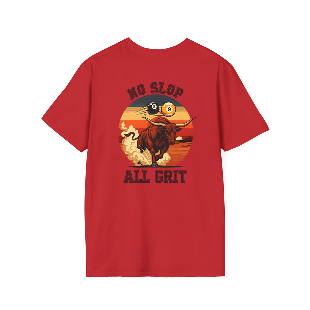No Slop All Grit Funny Western Billiards T-Shirt | Charging Bull 9 Ball Pool Player Graphic Tee | Front & Back Print