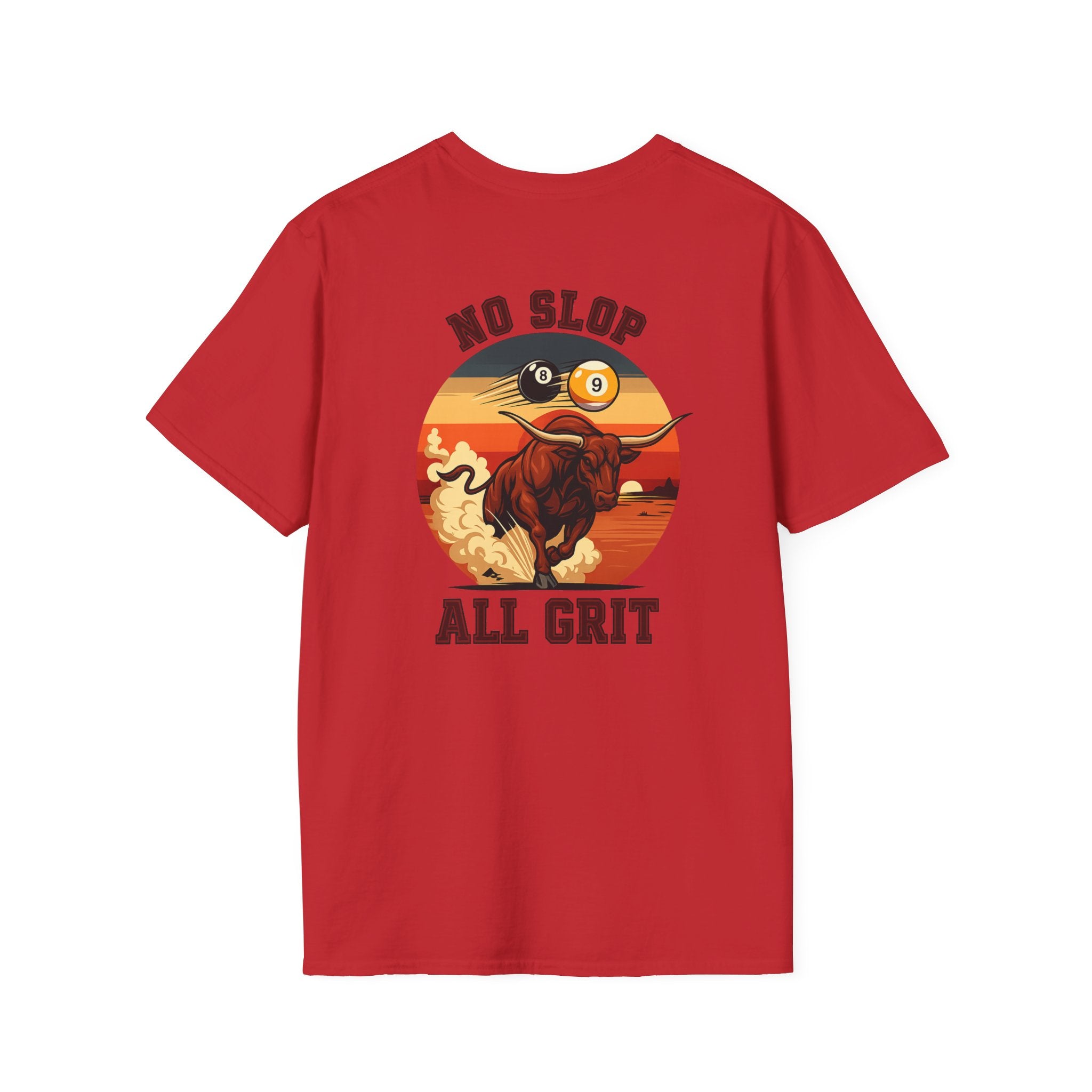 No Slop All Grit Funny Western Billiards T-Shirt | Charging Bull 9 Ball Pool Player Graphic Tee | Front & Back Print