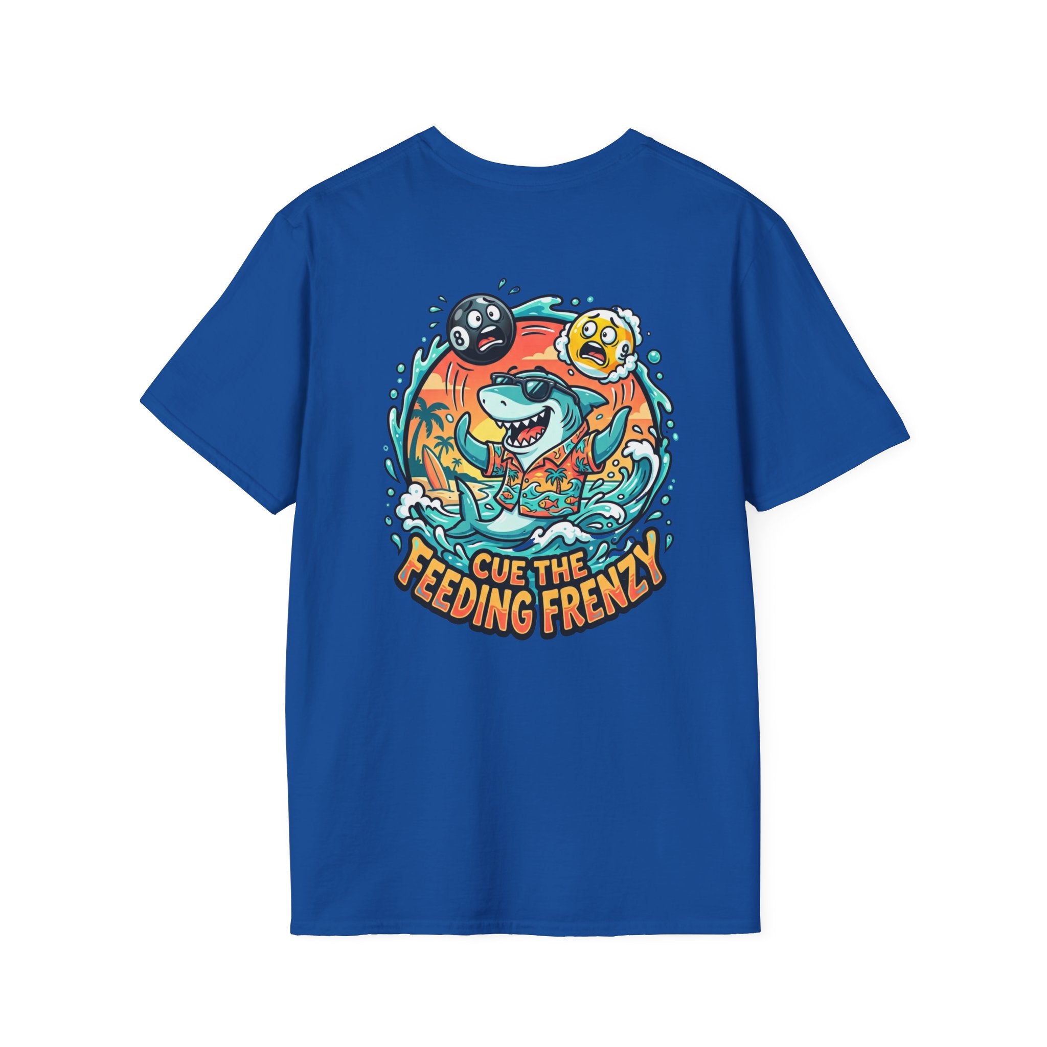 Cue the Feeding Frenzy Shark Billiards T-Shirt | Tropical Pool Player Graphic Tee | Front & Back Print