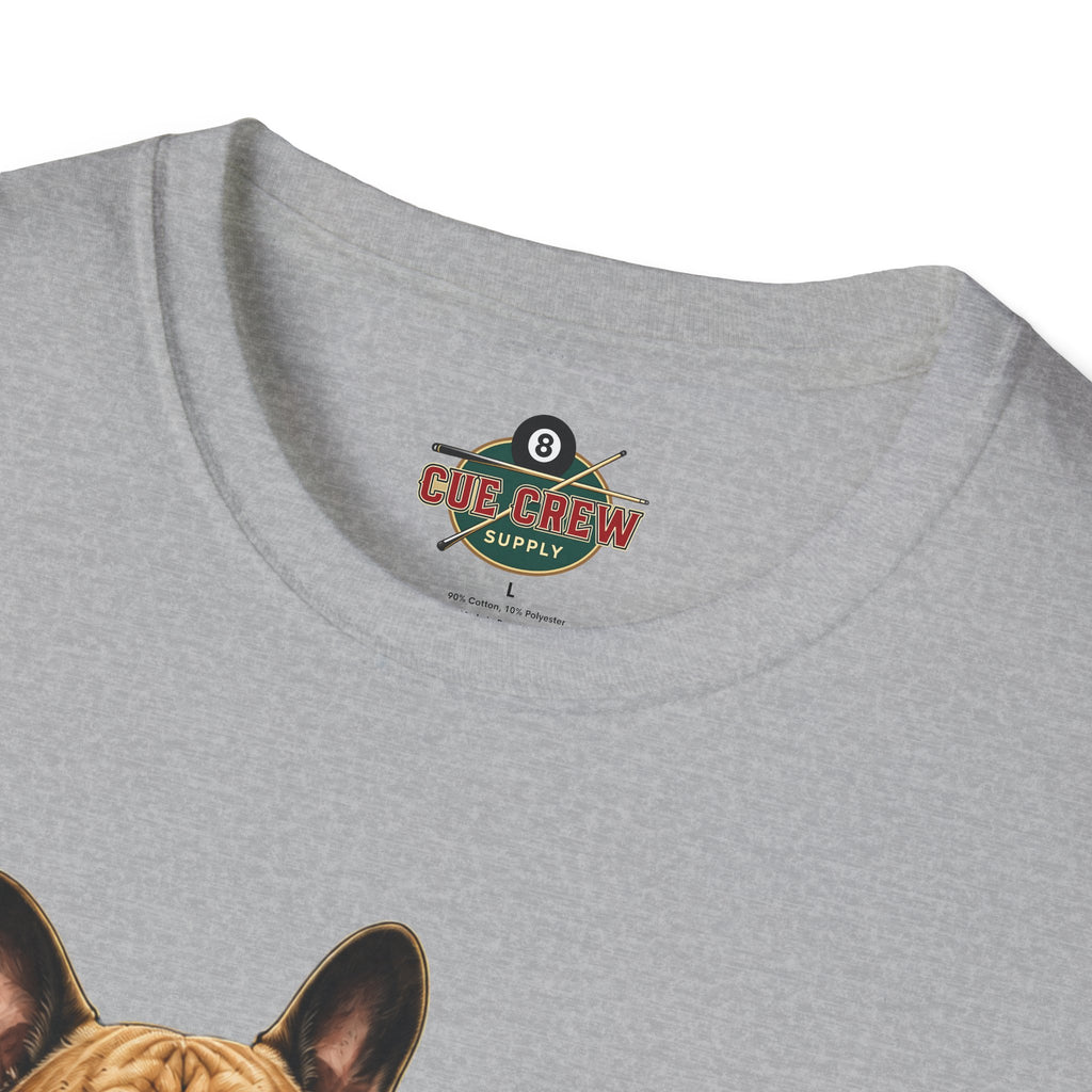Rockin' French Bulldog Playing Cue Guitar Funny Billiards T-Shirt | Pool Dog Graphic Front Print Unisex Tee