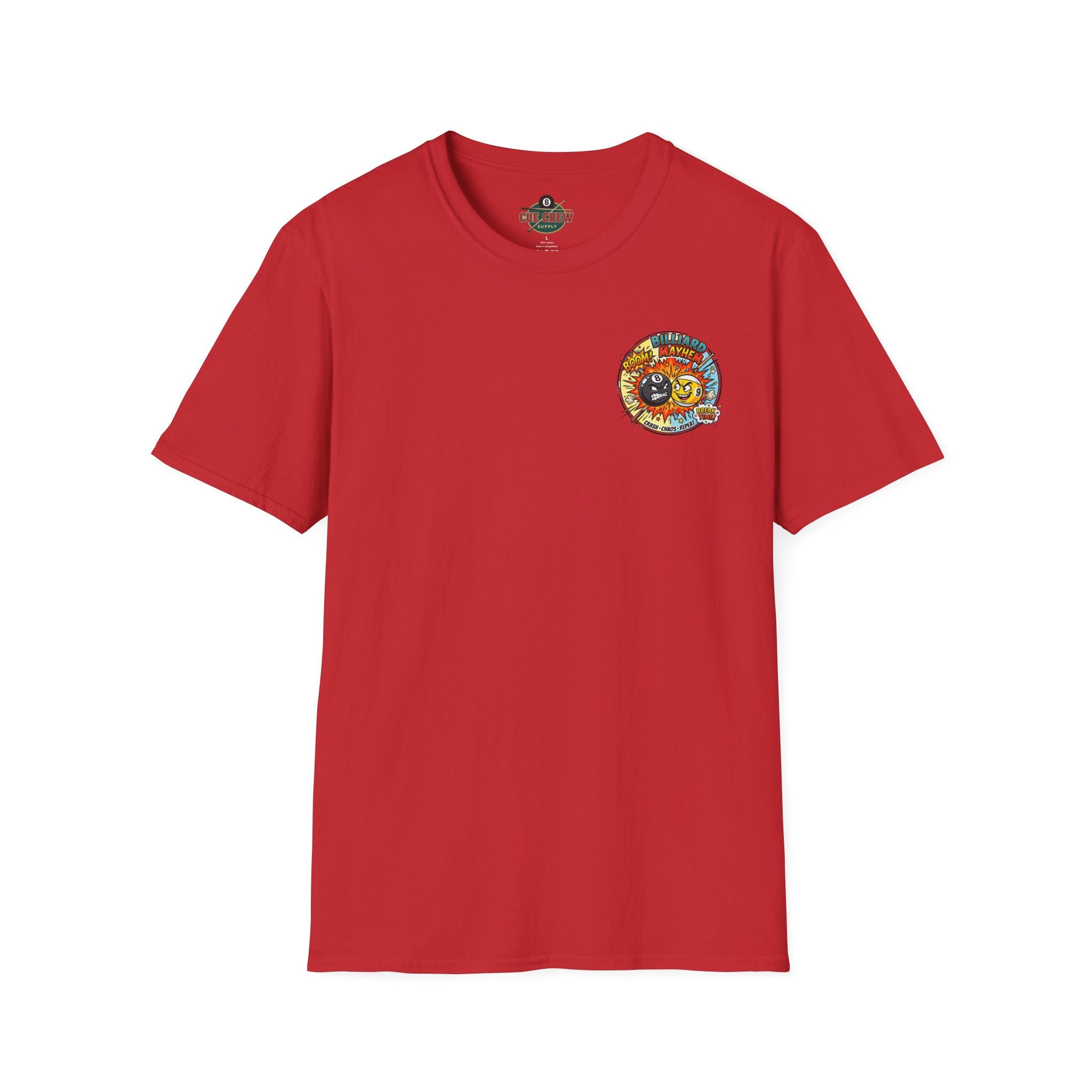 Billiard Mayhem Comic Pool Player T-Shirt | Boom! Break Time! Funny 8 Ball & 9 Ball Graphic Tee | Front & Back Print