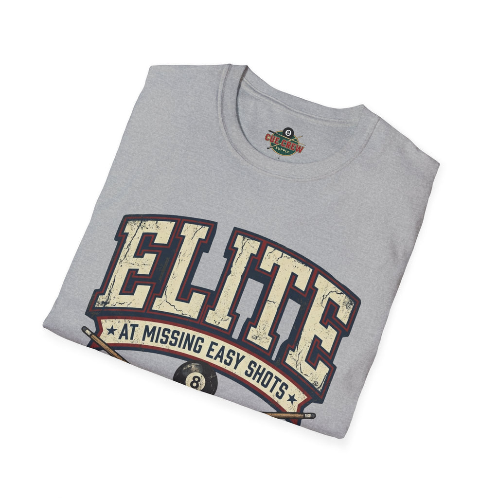 Elite at Missing Easy Shots V2 Funny Billiards T-Shirt | Vintage 8 Ball Pool Player Graphic Unisex Tee