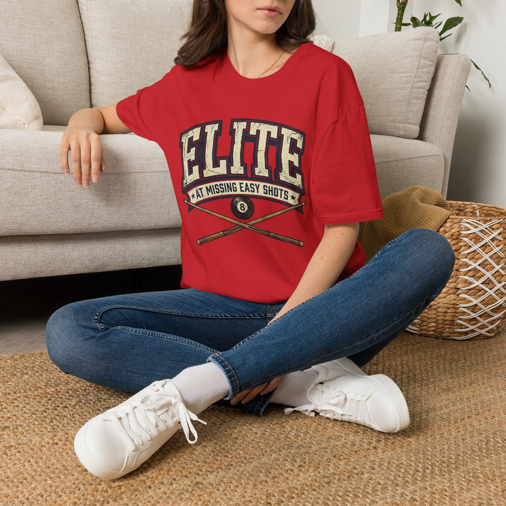 Elite at Missing Easy Shots V2 Funny Billiards T-Shirt | Vintage 8 Ball Pool Player Graphic Unisex Tee