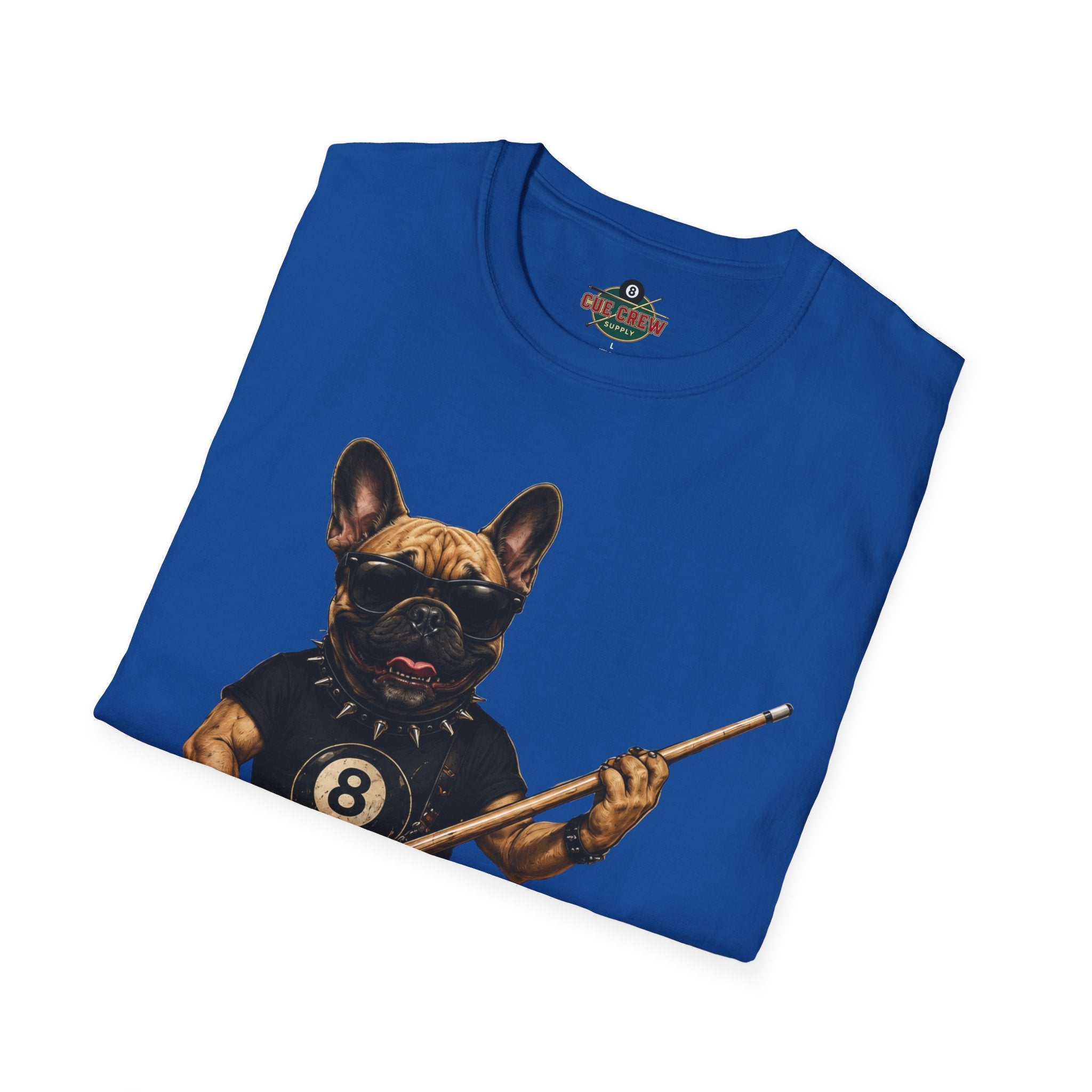 Rockin' French Bulldog Playing Cue Guitar Funny Billiards T-Shirt | Pool Dog Graphic Front Print Unisex Tee