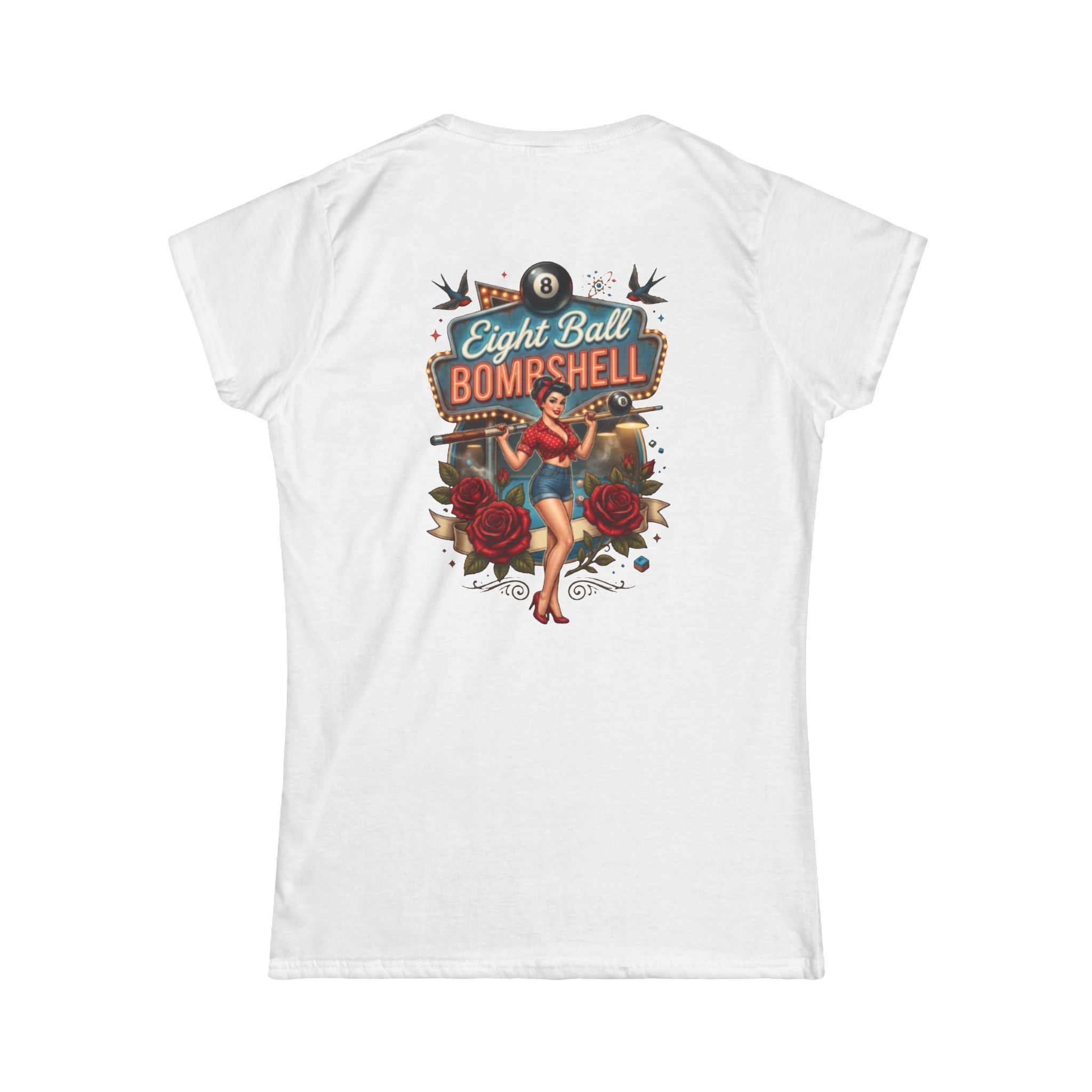 Eight Ball Bombshell V2 Women's Billiards T-Shirt | Retro Pin-Up Pool Player Graphic Tee | Front & Back Print