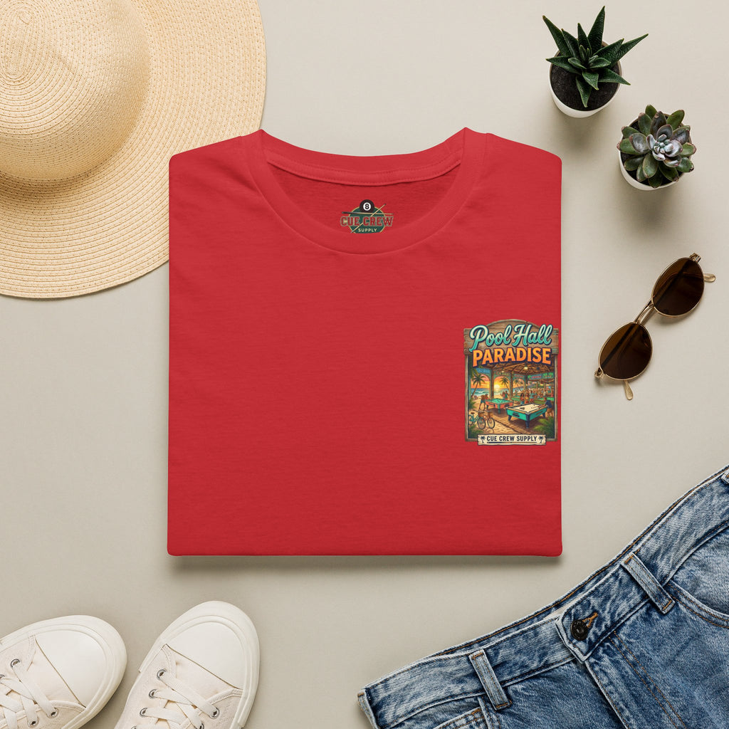 Pool Hall Paradise Tropical Billiards T-Shirt | Beach Bar Pool Player Graphic Tee | Front & Back Print