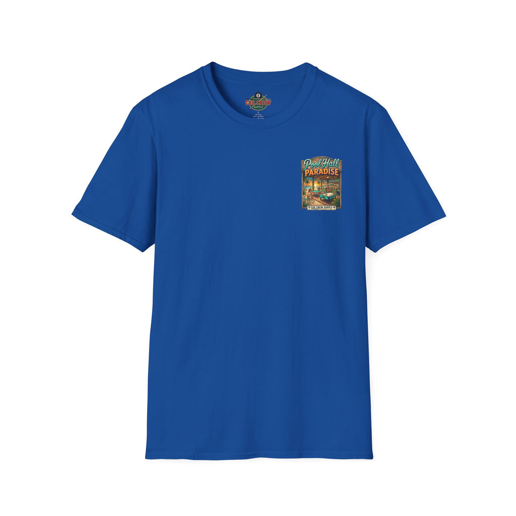 Pool Hall Paradise Tropical Billiards T-Shirt | Beach Bar Pool Player Graphic Tee | Front & Back Print