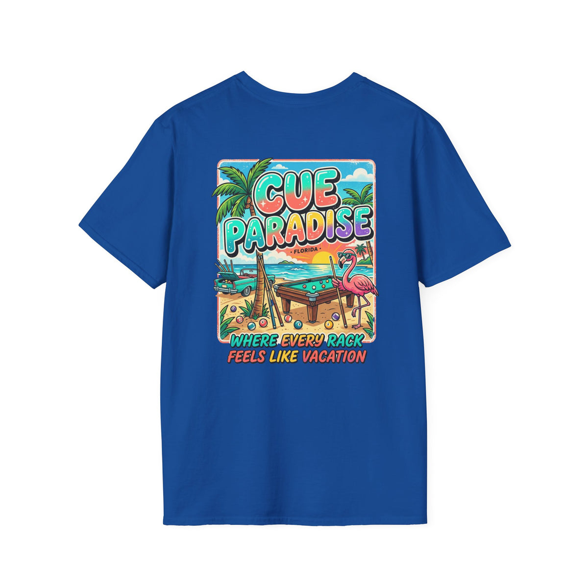 Cue Paradise Florida Billiards T-Shirt | Tropical Pool Player Beach Graphic Tee | Front & Back Print