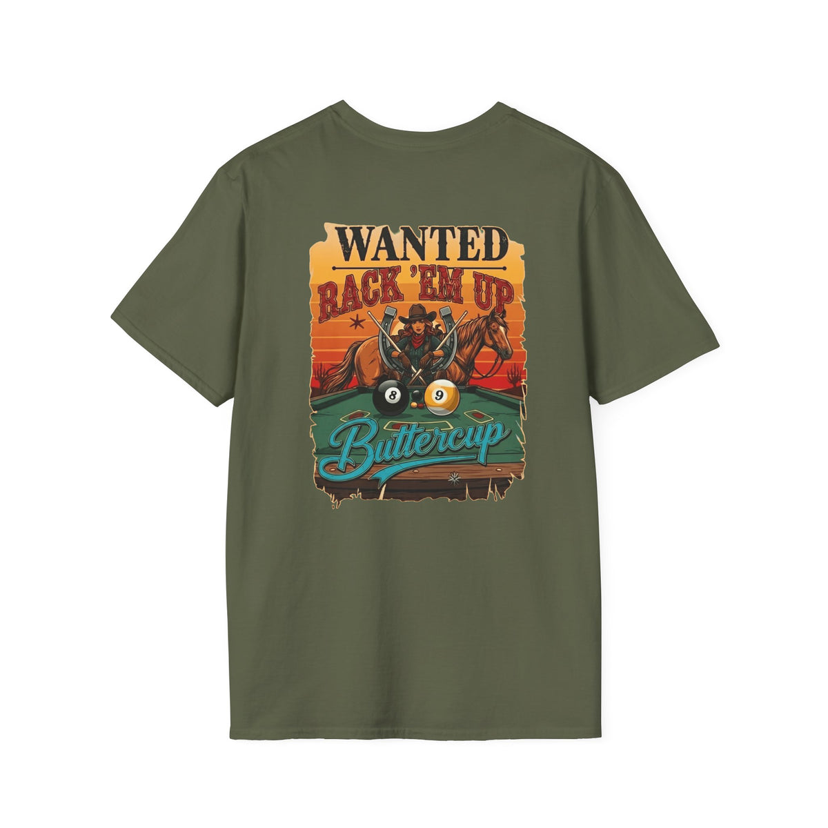 Rack 'Em Up Buttercup Cowboy Billiards T-Shirt | Funny Western Pool Player Graphic Tee | Front & Back Print