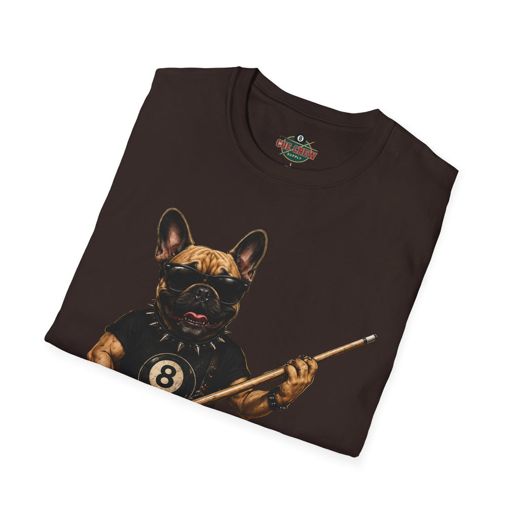 Rockin' French Bulldog Playing Cue Guitar Funny Billiards T-Shirt | Pool Dog Graphic Front Print Unisex Tee