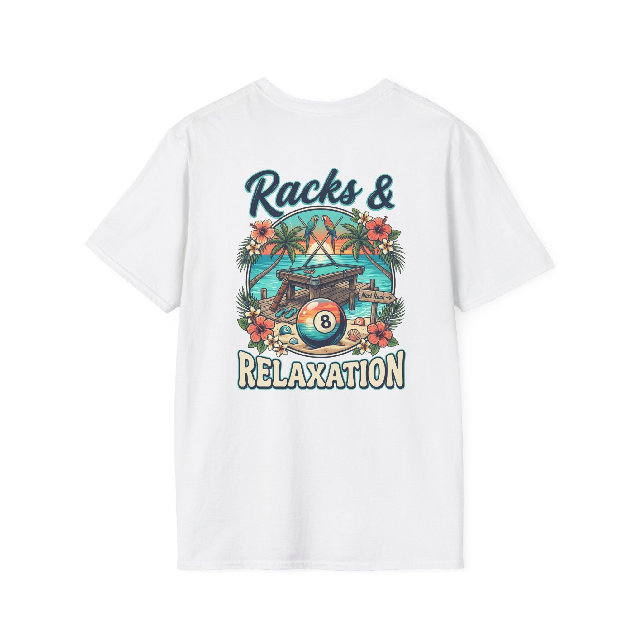 Racks & Relaxation Tropical Billiards T-Shirt | Beach Pool Player Graphic Tee | Front & Back Print