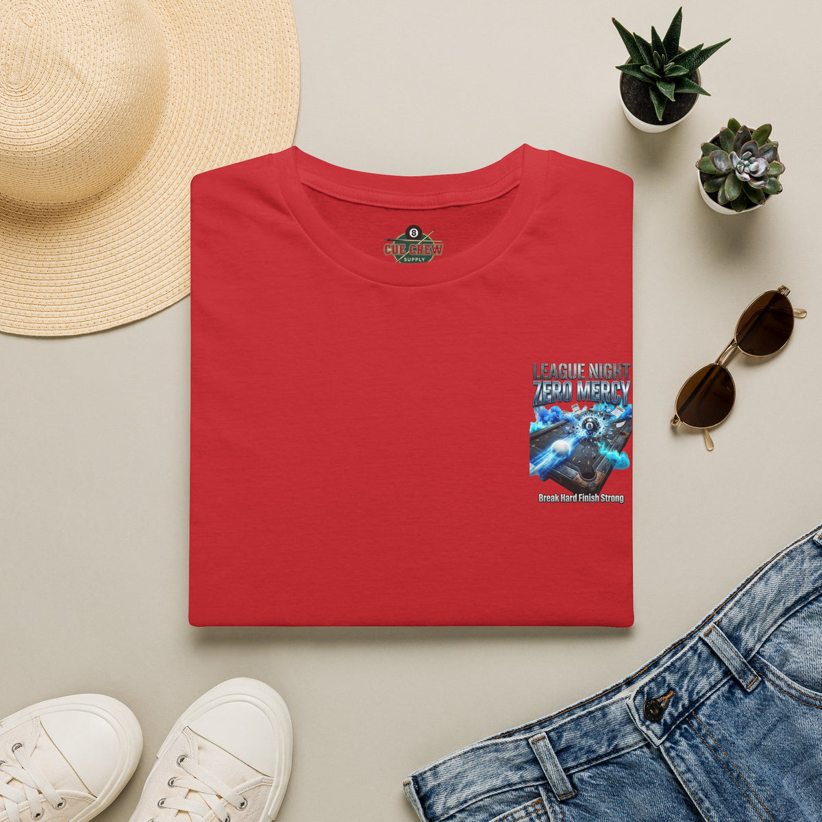 League Night Zero Mercy Billiards T-Shirt | Break Hard Finish Strong Pool Player Graphic Tee | Front & Back Print