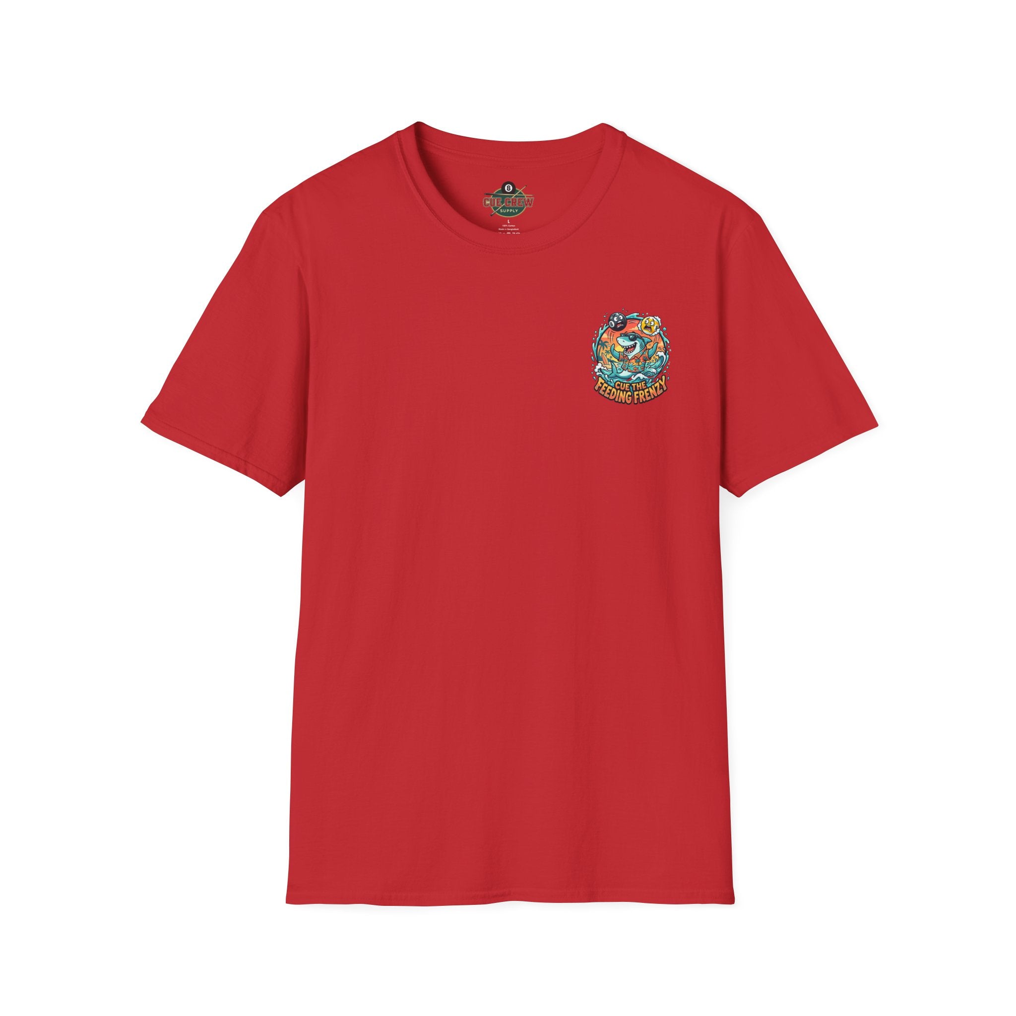 Cue the Feeding Frenzy Shark Billiards T-Shirt | Tropical Pool Player Graphic Tee | Front & Back Print