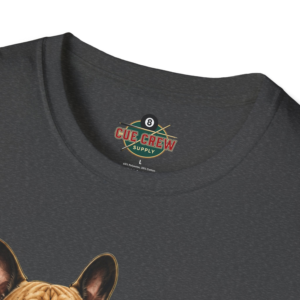 Rockin' French Bulldog Playing Cue Guitar Funny Billiards T-Shirt | Pool Dog Graphic Front Print Unisex Tee