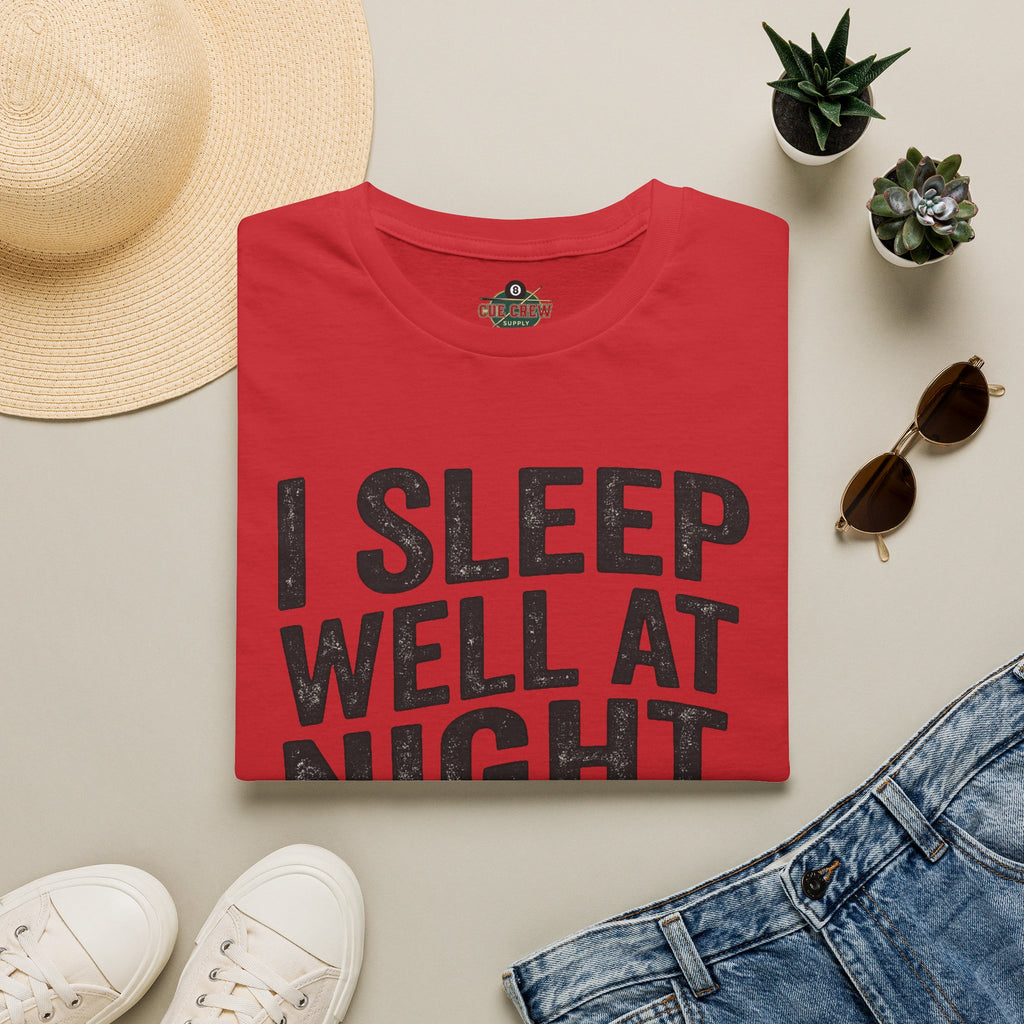 I Sleep Well at Night Funny Billiards T-Shirt – Pool Player 8 Ball Graphic Tee