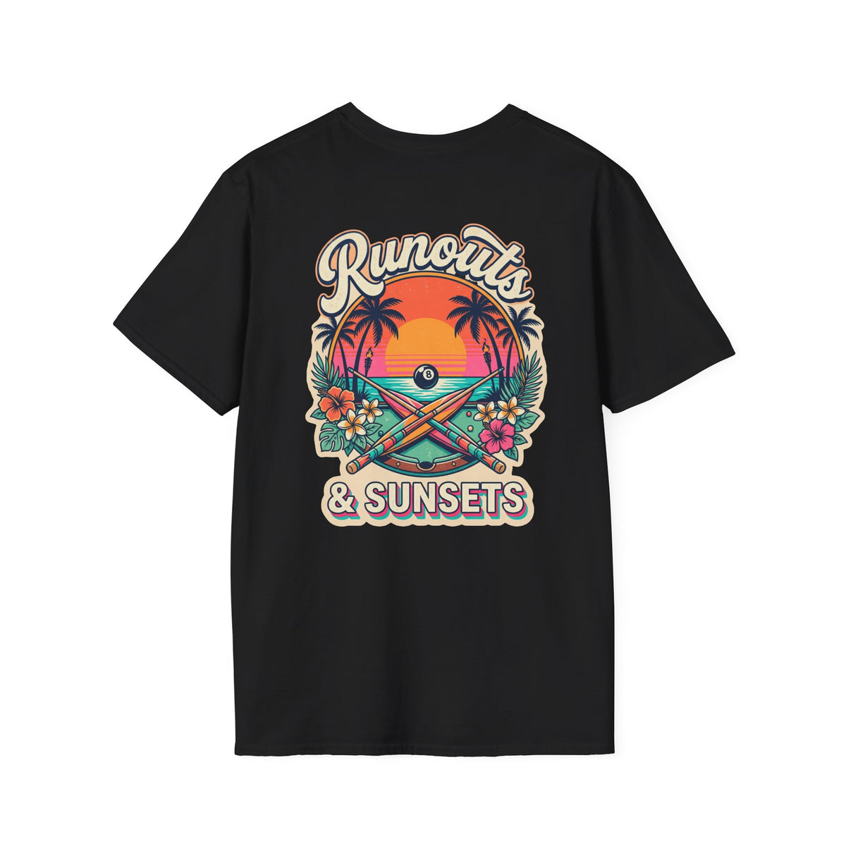 Runouts & Sunsets Tropical Billiards T-Shirt | Beach Pool Player Graphic Tee | Front & Back Print