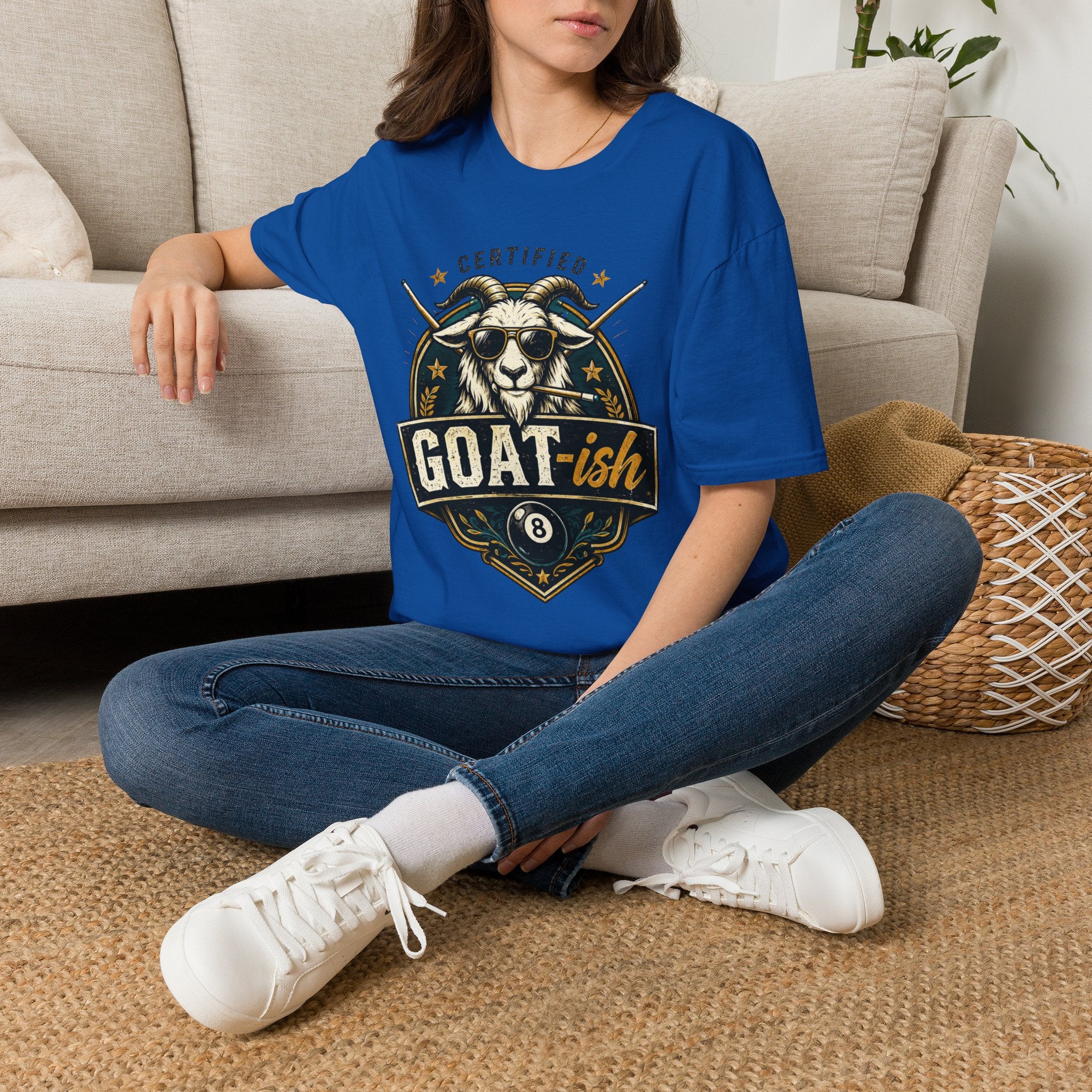 Certified GOAT-ish Funny Billiards T-Shirt | Pool Player Graphic Unisex Tee | 8 Ball Goat Design - Front Only