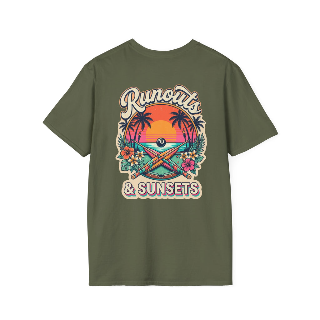 Runouts & Sunsets Tropical Billiards T-Shirt | Beach Pool Player Graphic Tee | Front & Back Print
