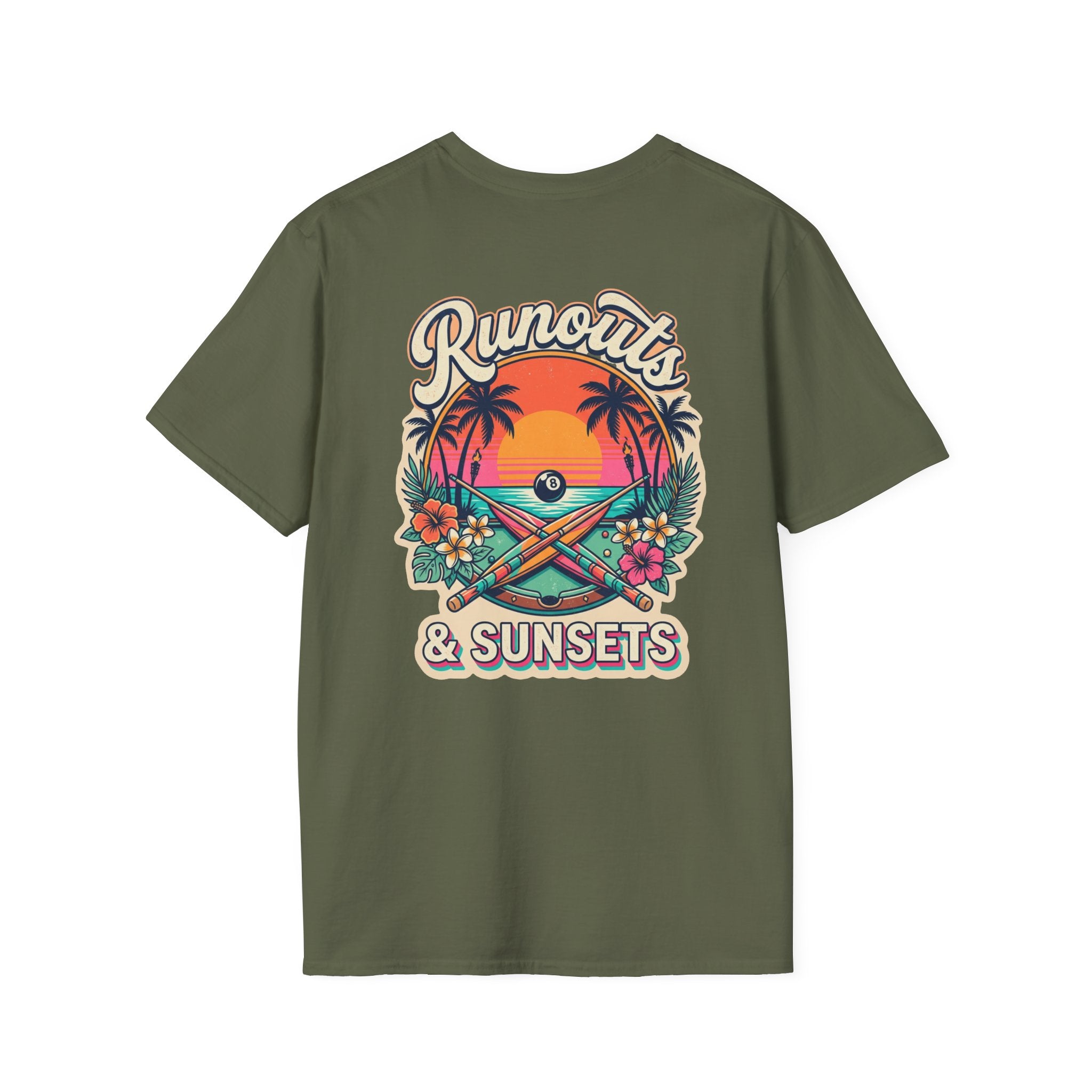 Runouts & Sunsets Tropical Billiards T-Shirt | Beach Pool Player Graphic Tee | Front & Back Print