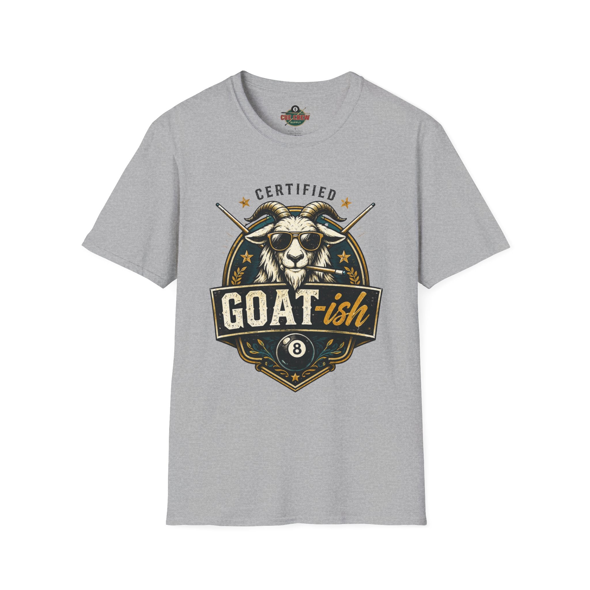 Certified GOAT-ish Funny Billiards T-Shirt | Pool Player Graphic Unisex Tee | 8 Ball Goat Design - Front Only