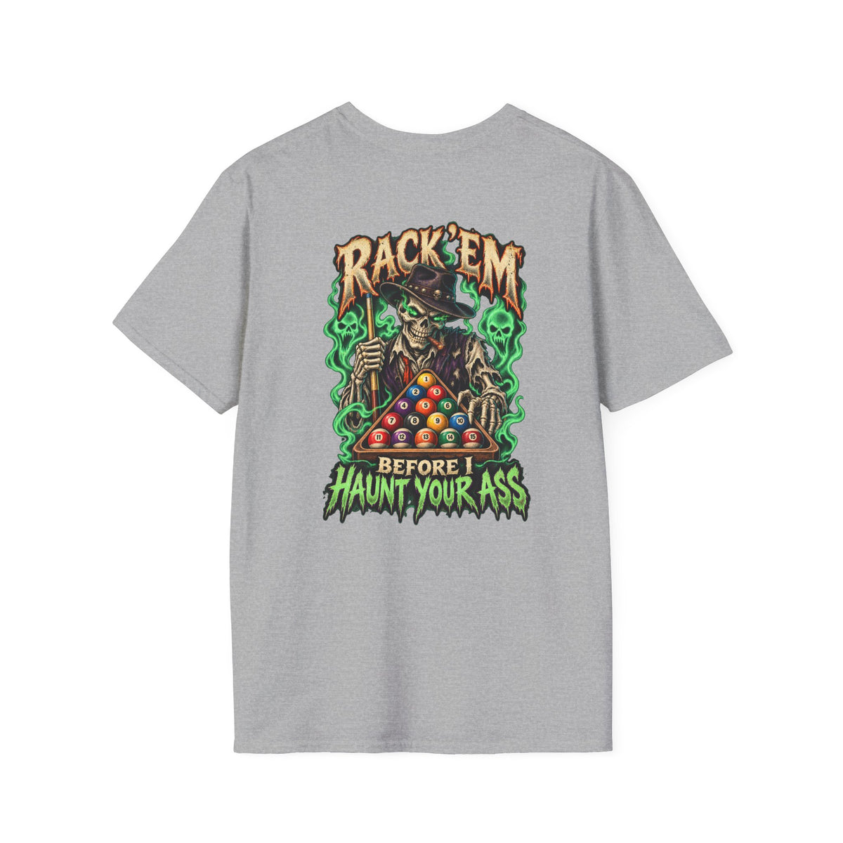 Rack ’Em Before I Haunt Your Ass – Halloween Billiards T-Shirt – Skeleton Pool Player Tee