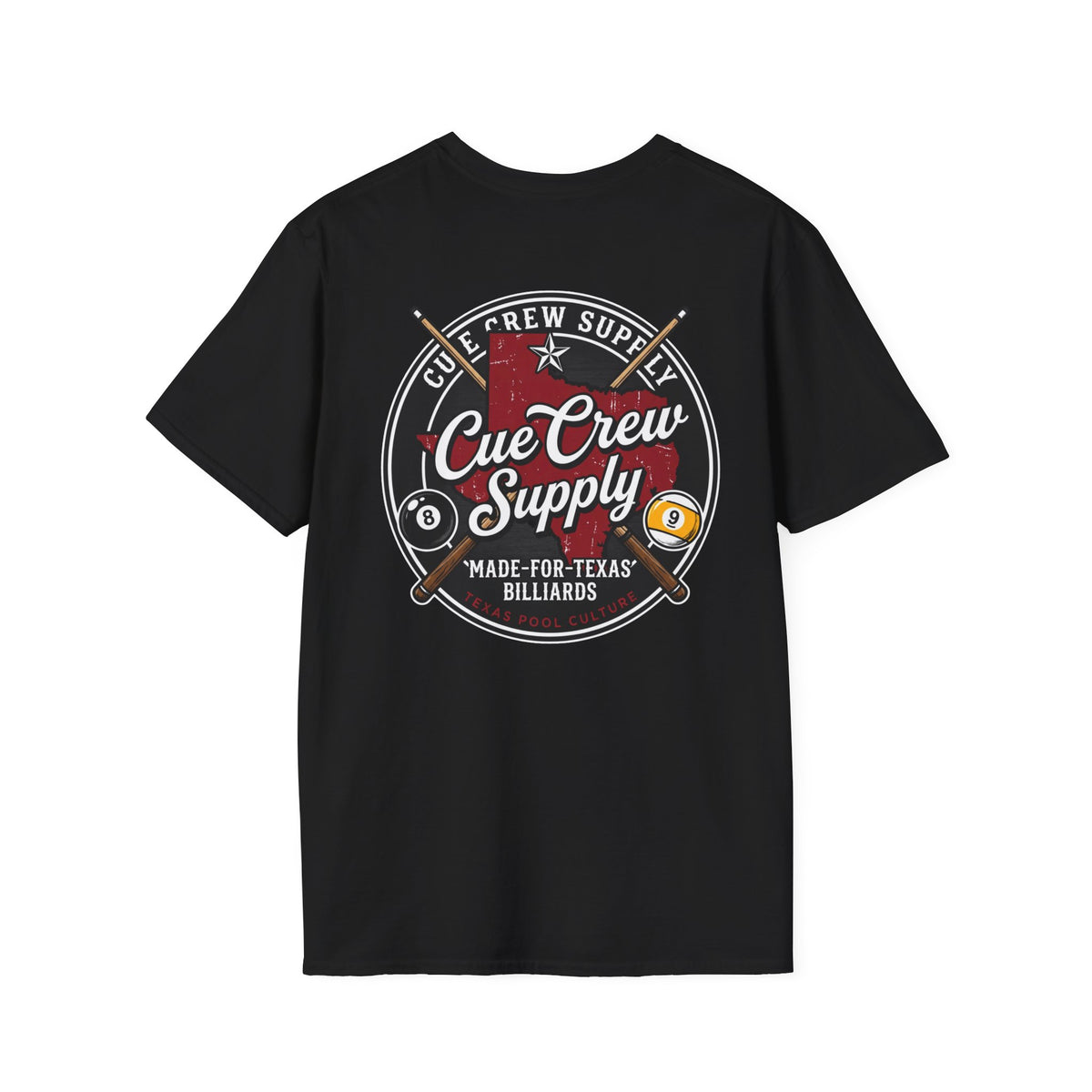 Cue Crew Supply Texas Billiards T-Shirt | Made for Texas Pool Players Graphic Tee | Front & Back Print