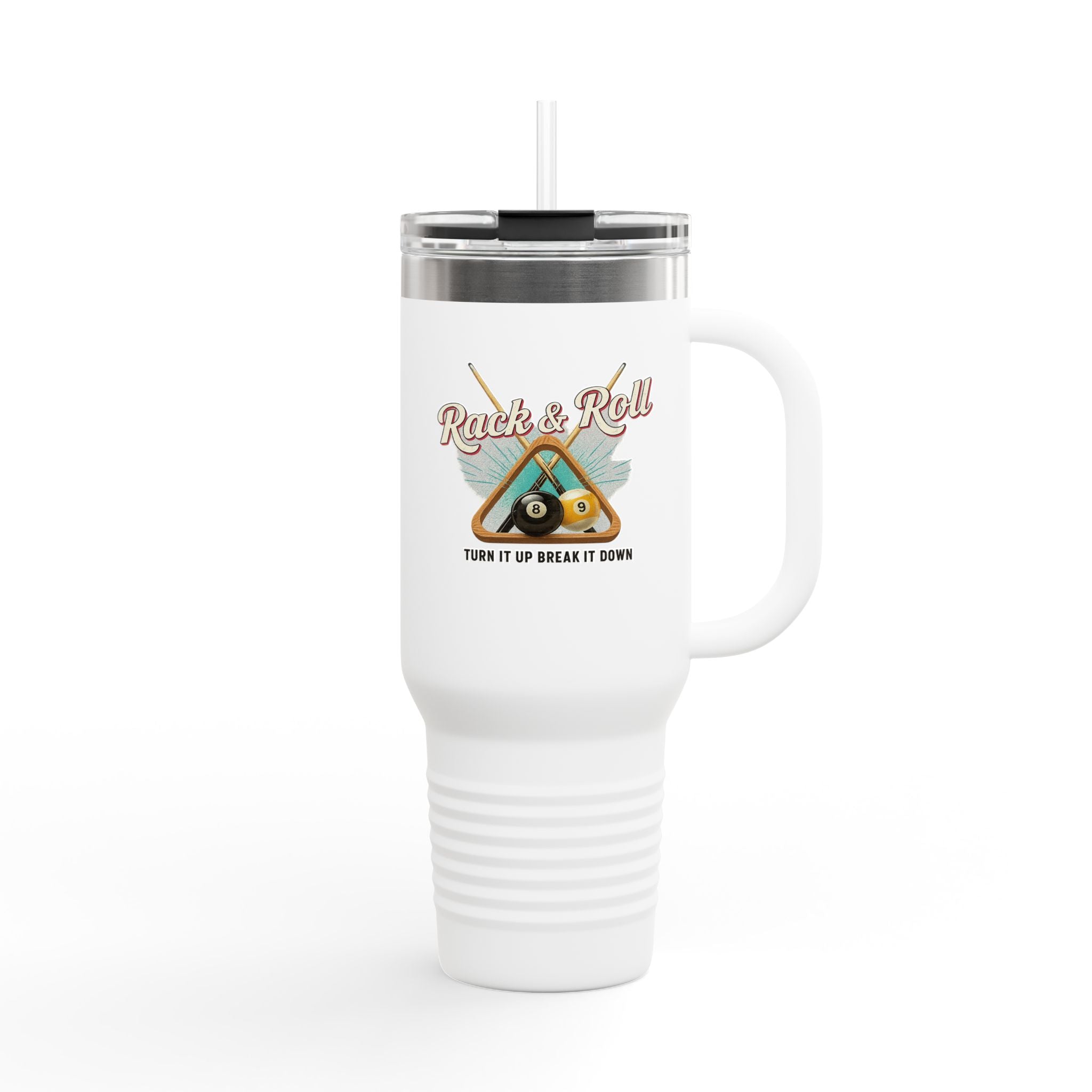 Rack & Roll v2 40oz Insulated Travel Mug – Pool Cue Billiards Design,