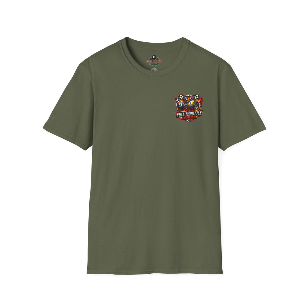 Full Throttle Break Billiards T-Shirt | Racing Inspired 8 Ball & 9 Ball Pool Player Graphic Tee | Front & Back Print