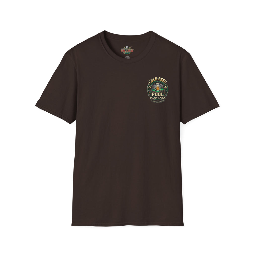 Cold Beer, Pool & Talkin' Smack Billiards T-Shirt | Funny Pool Player Graphic Tee | Front & Back Print