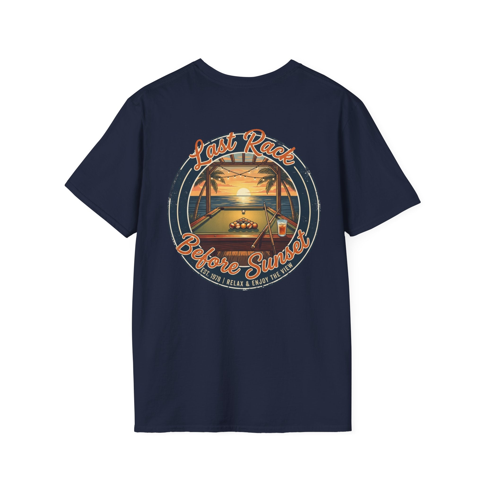 Last Rack Before Sunset Billiards T-Shirt | Tropical Pool Player Beach Graphic Tee | Front & Back Print