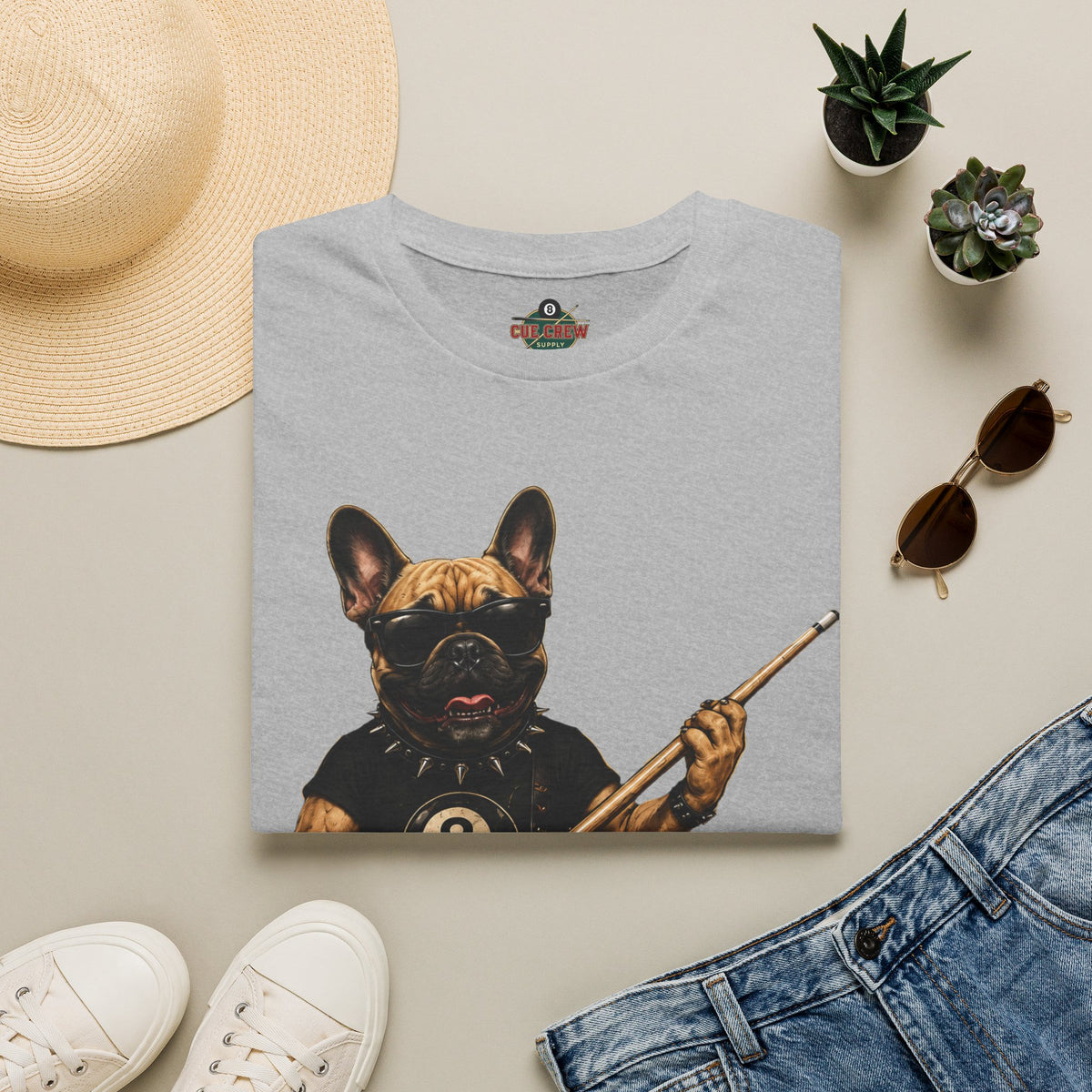 Rockin' French Bulldog Playing Cue Guitar Funny Billiards T-Shirt | Pool Dog Graphic Front Print Unisex Tee