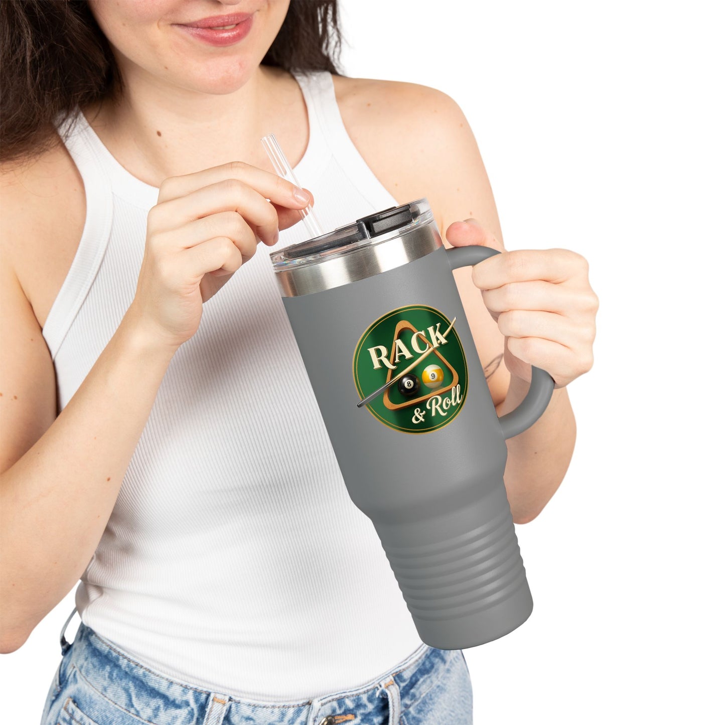 Rack & Roll Billiards Pool Cue Logo 40oz Insulated Travel Mug