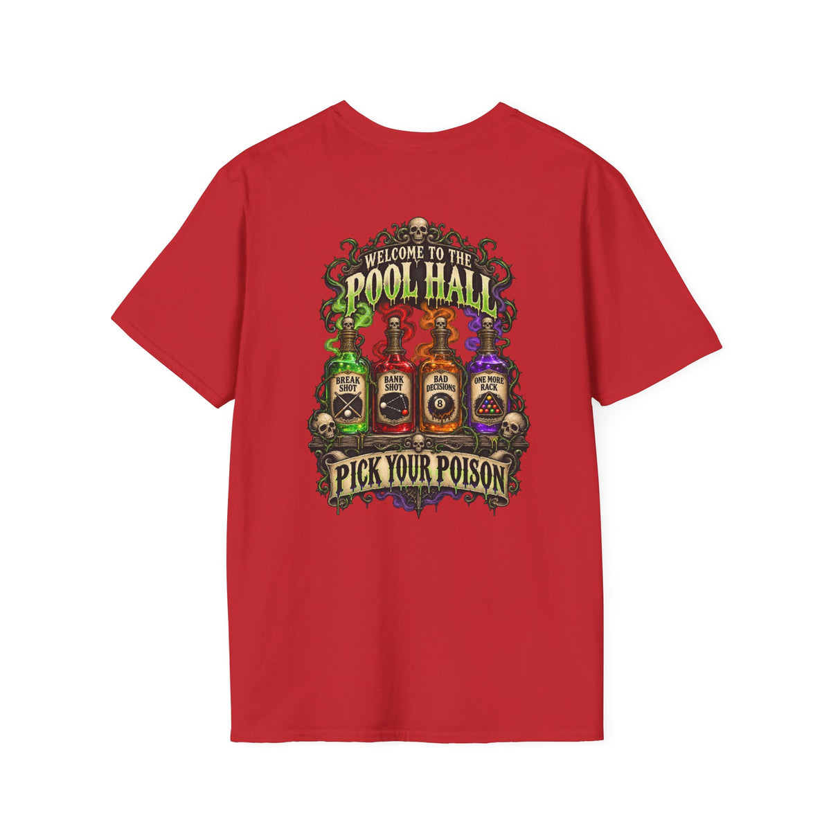 Pick Your Poison – Halloween Billiards T-Shirt – Front & Back Pool Tee | CCS-HST-003