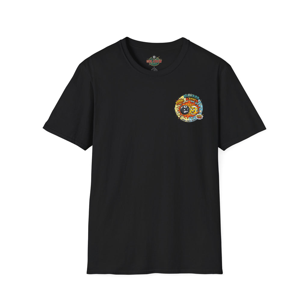 Billiard Mayhem Comic Pool Player T-Shirt | Boom! Break Time! Funny 8 Ball & 9 Ball Graphic Tee | Front & Back Print
