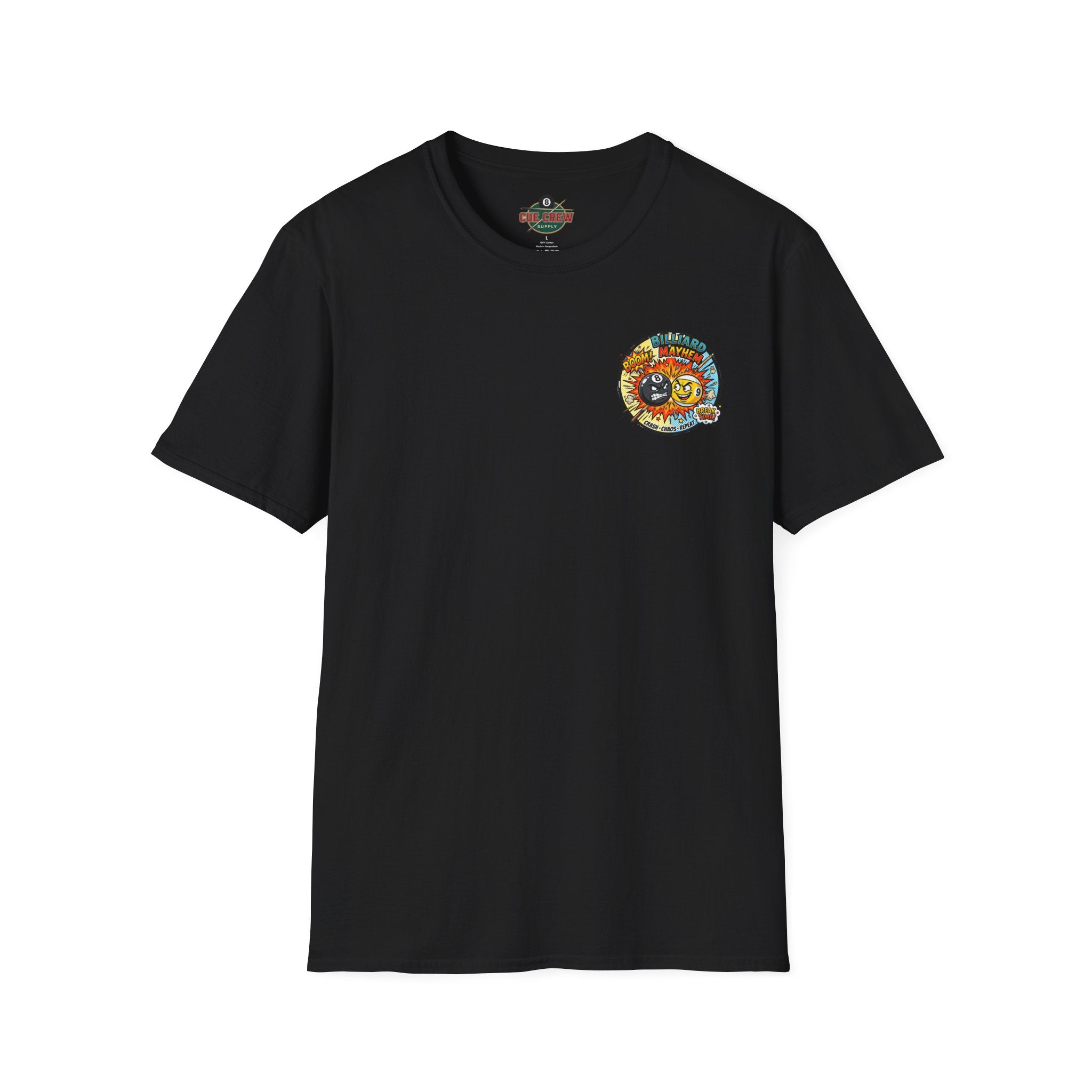 Billiard Mayhem Comic Pool Player T-Shirt | Boom! Break Time! Funny 8 Ball & 9 Ball Graphic Tee | Front & Back Print