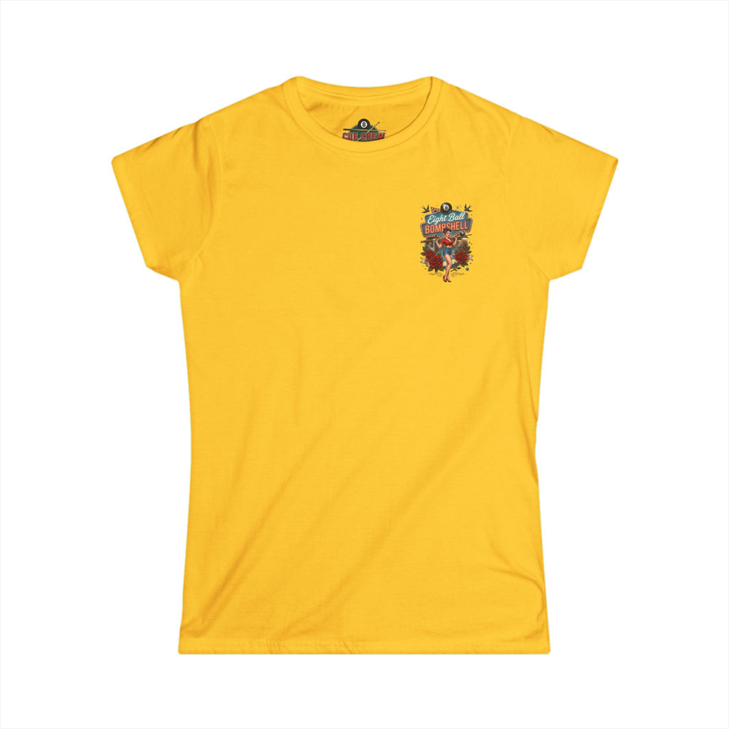 Eight Ball Bombshell V2 Women's Billiards T-Shirt | Retro Pin-Up Pool Player Graphic Tee | Front & Back Print