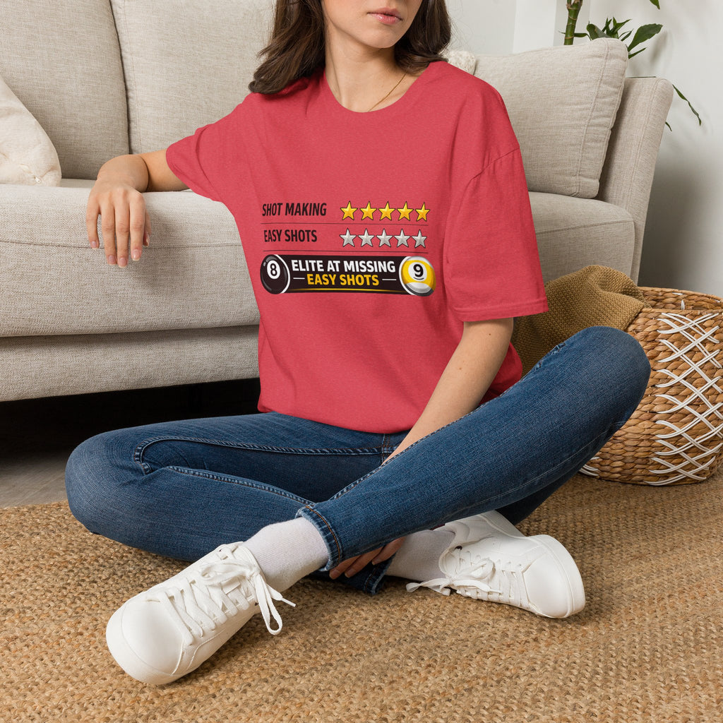 Elite At Missing Easy Shots Funny Billiards T-Shirt | 8 Ball & 9 Ball Graphic Unisex Tee | Front Print Only