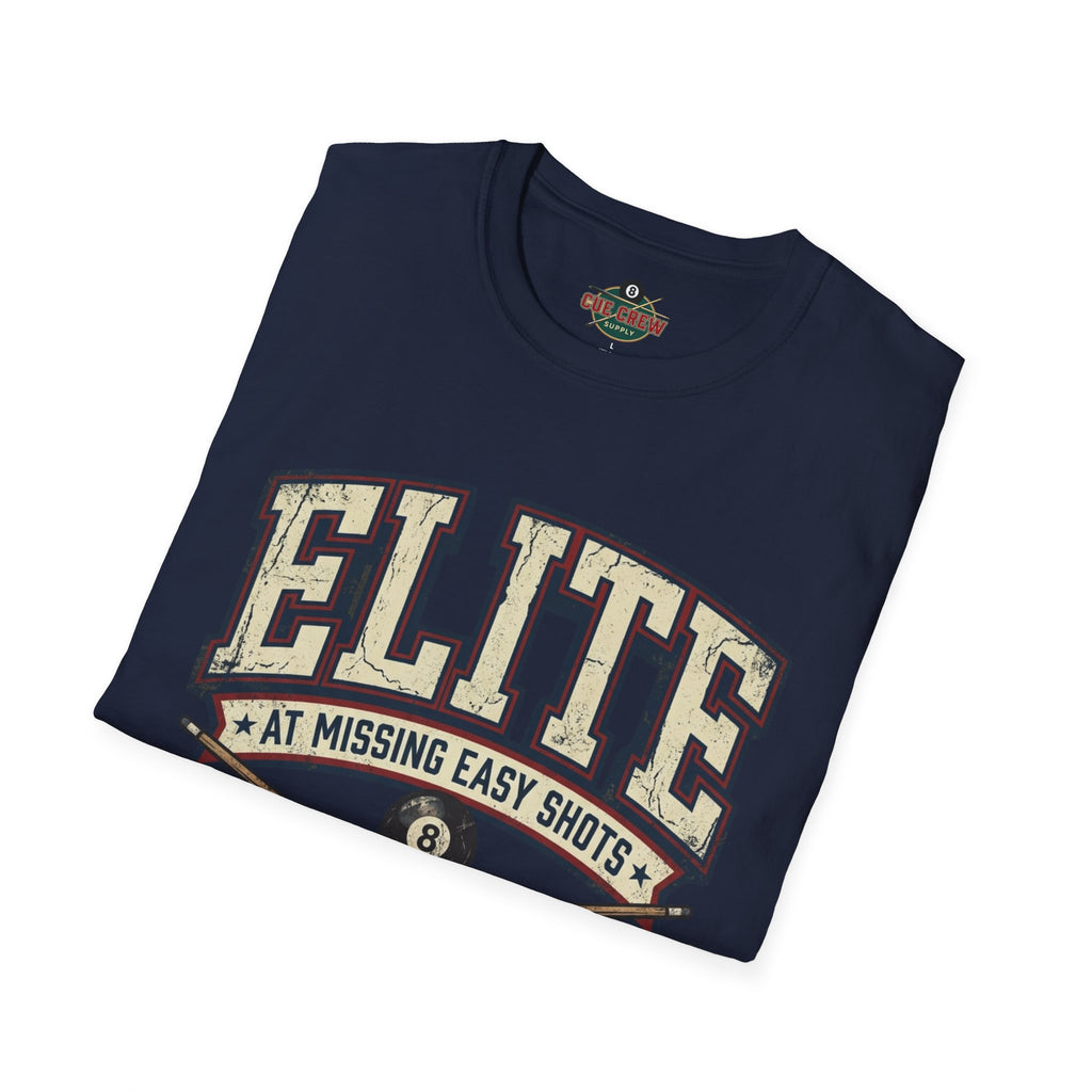 Elite at Missing Easy Shots V2 Funny Billiards T-Shirt | Vintage 8 Ball Pool Player Graphic Unisex Tee