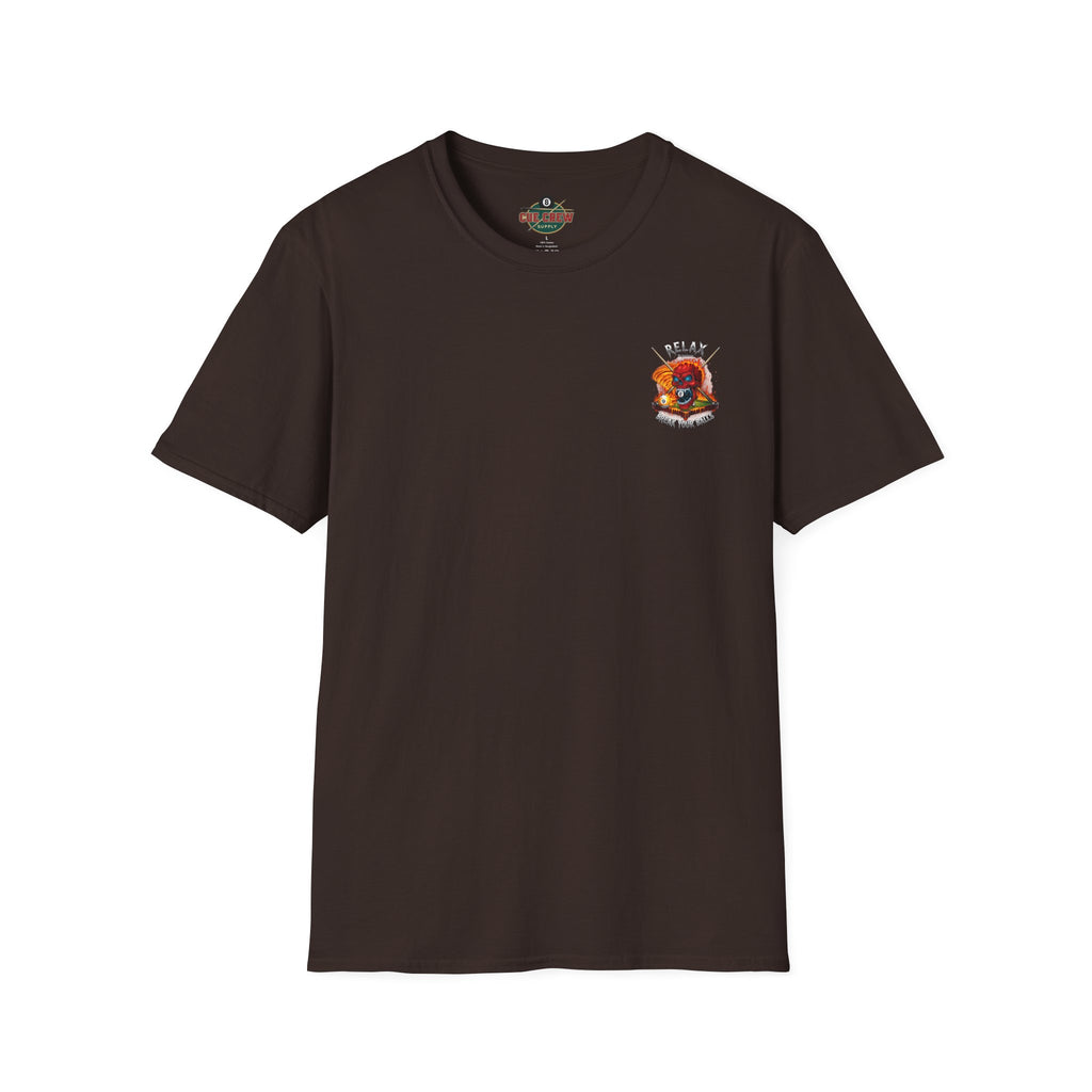 Relax... I'm Just Here to Break Your Balls Funny Billiards T-Shirt | Flaming Skull Pool Player Graphic Tee | Front & Back Print