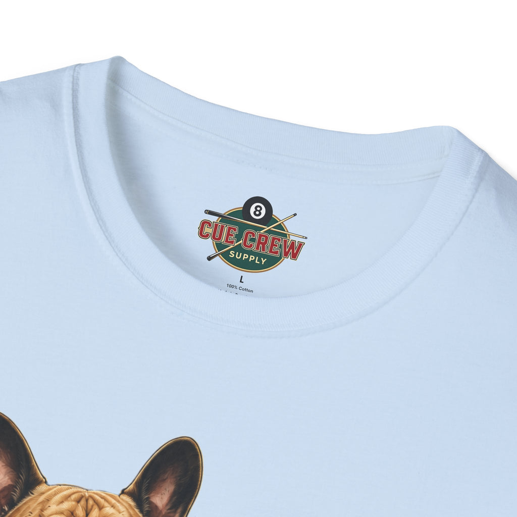 Rockin' French Bulldog Playing Cue Guitar Funny Billiards T-Shirt | Pool Dog Graphic Front Print Unisex Tee