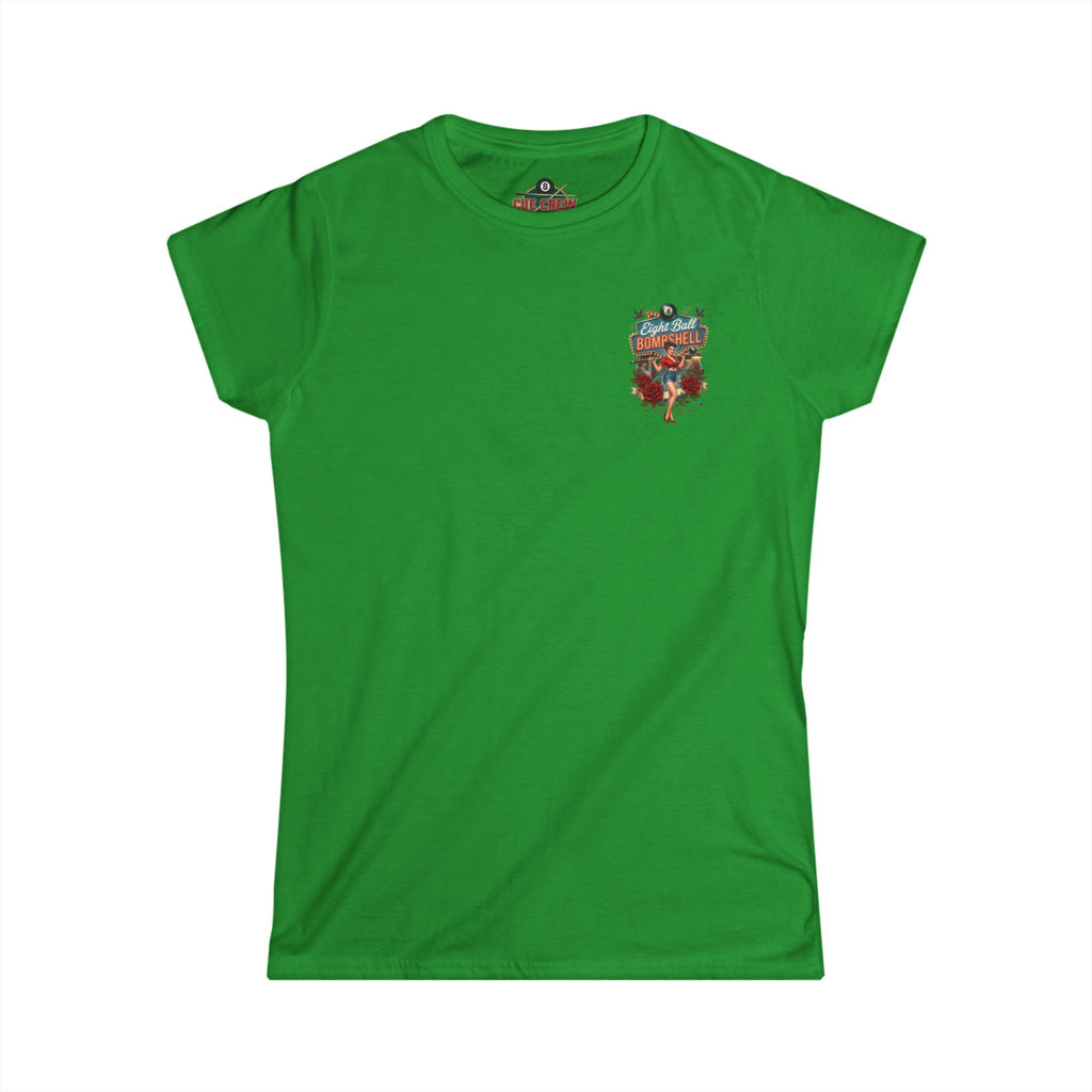 Eight Ball Bombshell V2 Women's Billiards T-Shirt | Retro Pin-Up Pool Player Graphic Tee | Front & Back Print