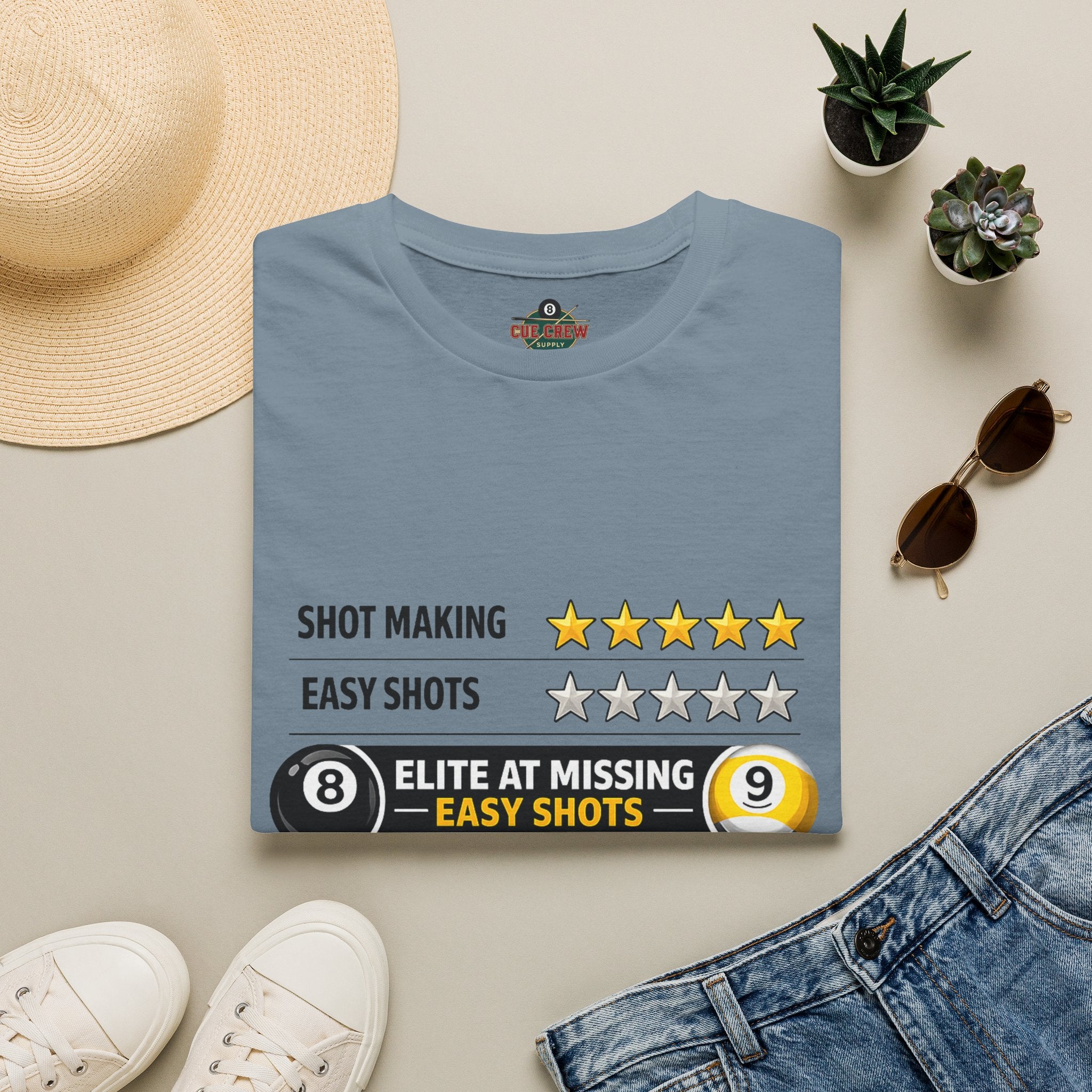 Elite At Missing Easy Shots Funny Billiards T-Shirt | 8 Ball & 9 Ball Graphic Unisex Tee | Front Print Only