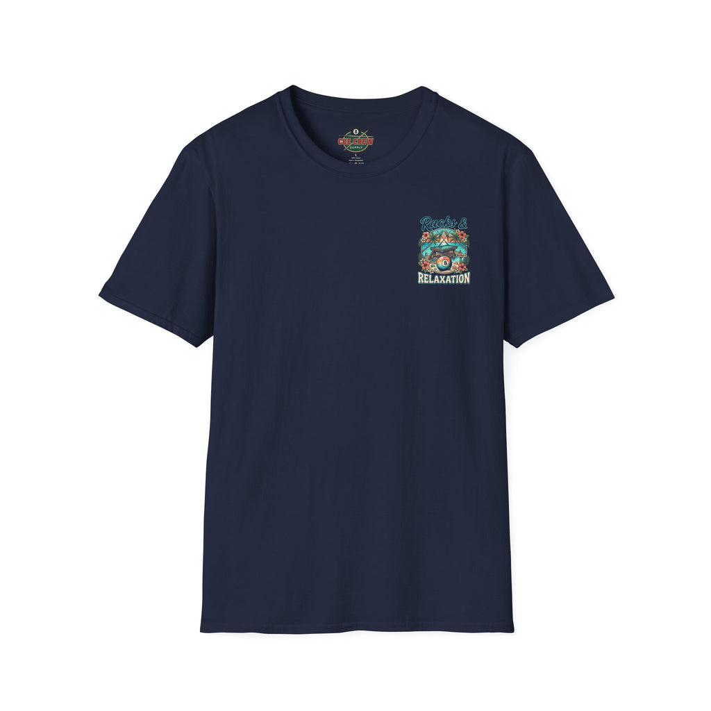 Racks & Relaxation Tropical Billiards T-Shirt | Beach Pool Player Graphic Tee | Front & Back Print